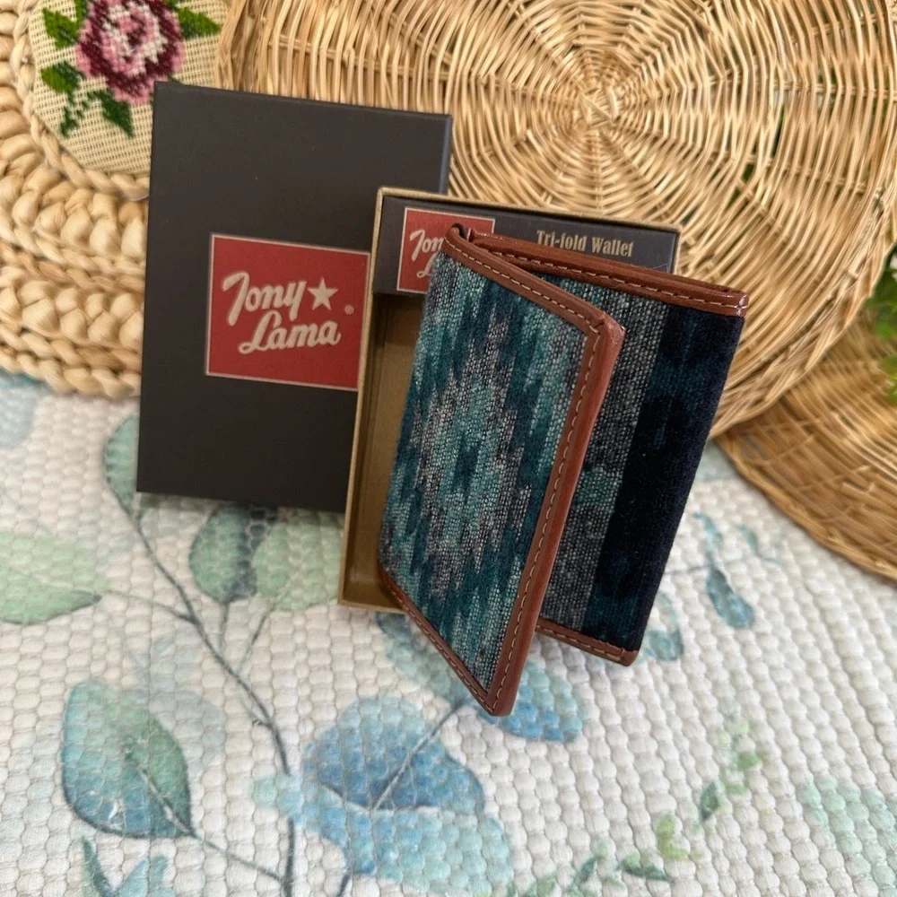 New Tony Lama Tri-Fold Wallet RFID Blue Aztec Canvas Leather Cowboy Western